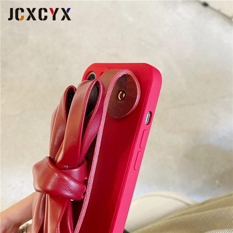 Korea Leather Bow Wrist holder Stand Phone Case for iphone 11 12 Pro Max 13 MiNi X XR XS 7 8 plus 6S SE Shockproof Soft Cover images - 6