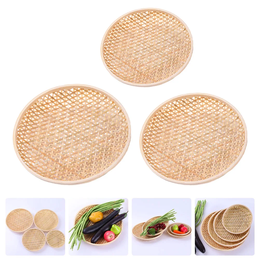 

3pcs Shallow Basket Decorative Serving Tray Rattan Drying Basket Basket Plate Rattan Serving Tray Handwoven Coffee Trays