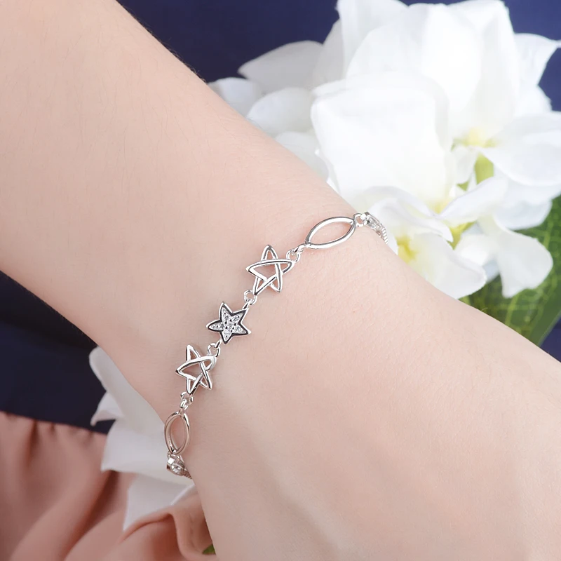 

925 Stamp Silver Color Bracelet Hexagram Magen David Star Chain Linked For Women charm bangle Jewelry Gift Pulseira