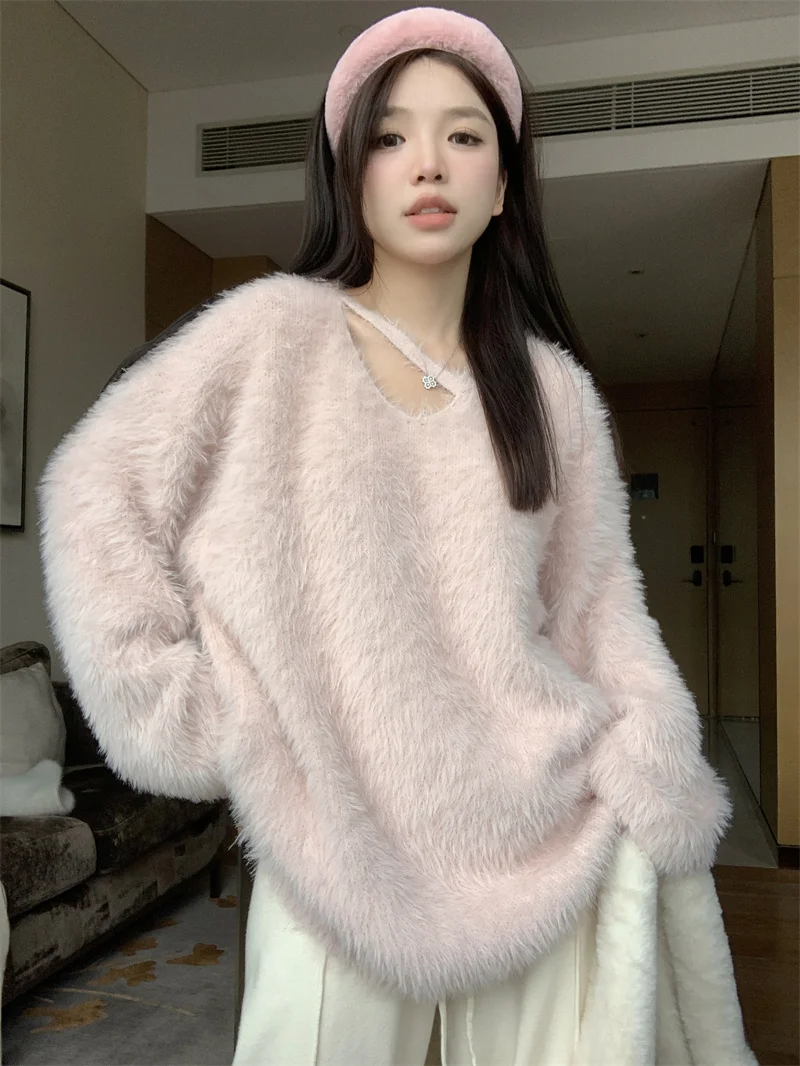 

GS2015 Mink hair imitation knitting top Autumn and winter 2022 new loose lazy style gentle pullover sweater for women