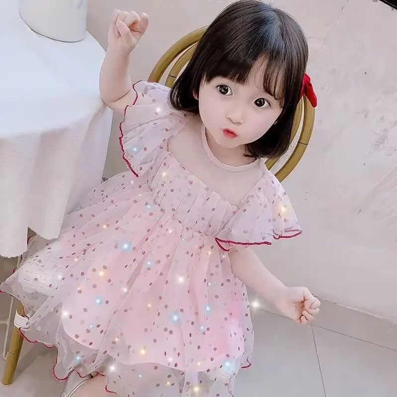 

Summer Baby Girl Party Dresses Sweet Kid's Clothing Birthday Princess Mesh Dress Children Sequins Net YarnVestidos