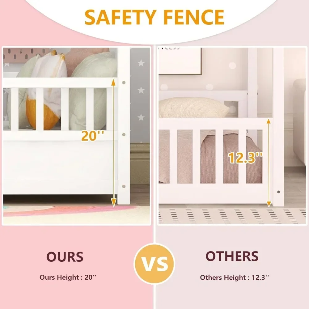 Фото # Для Lit jumeau au sol Монтессори, lit jumeau avec clôture, maison jumelle pour enfants, filles, gar Voiżyć, blanc& №5