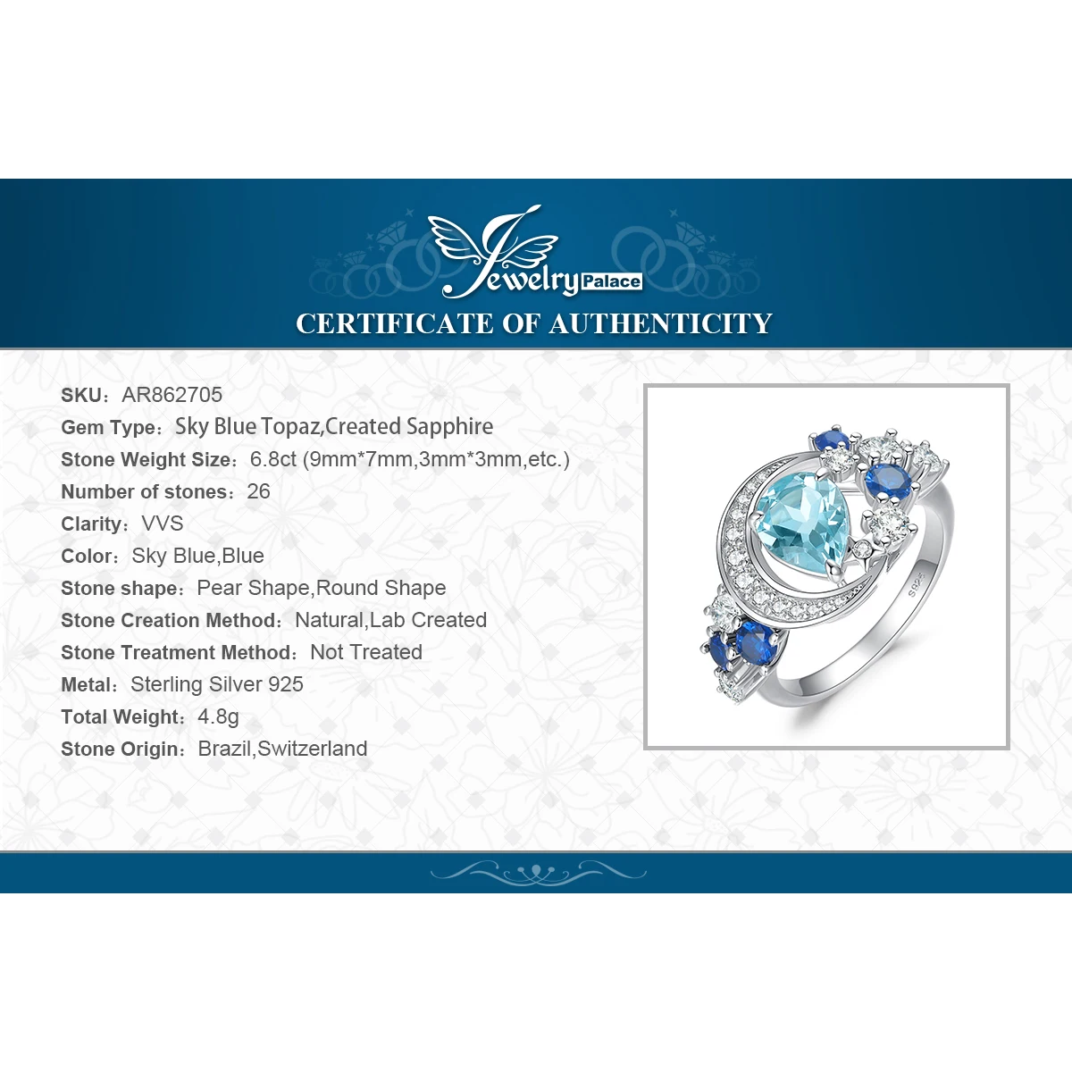 JewelryPalace Новое поступление Moon Star 6.8ct Натуральный небесно-голубой топаз создан
