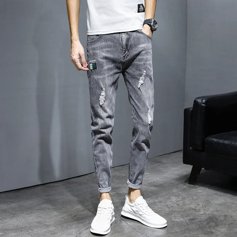 Men Jeans Korean Style Jeans Summer Solid Color Slim Fit Denim Ankle-Length Pants Men Mid Waist Button Ripped Denim Pencil Pants