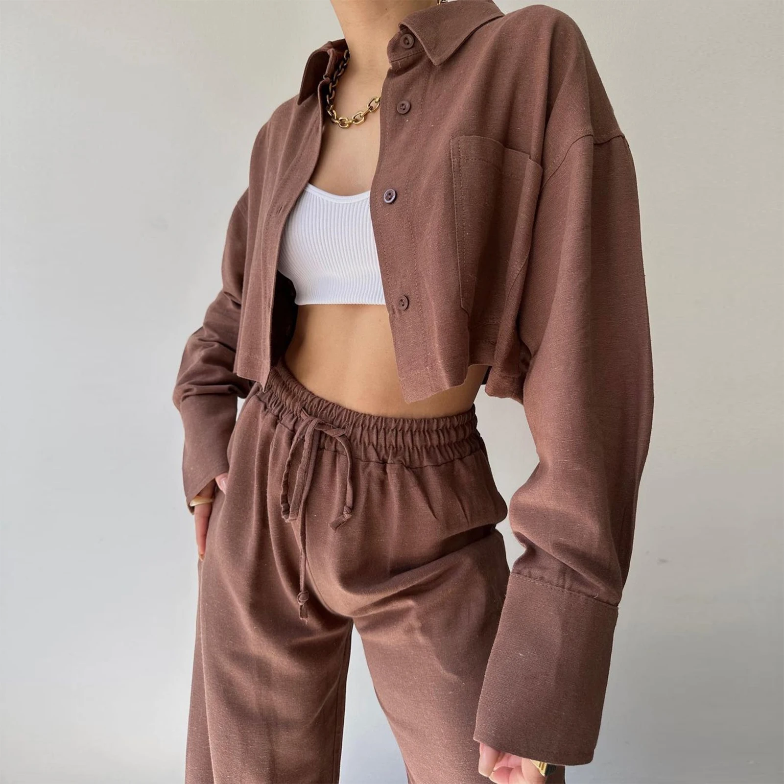 

Women Casual Tee Pants Solid Color Ladies Blouse Top Straight Leg Pants Single Breasted Vintage Solid Long Sleeve Button Blouse