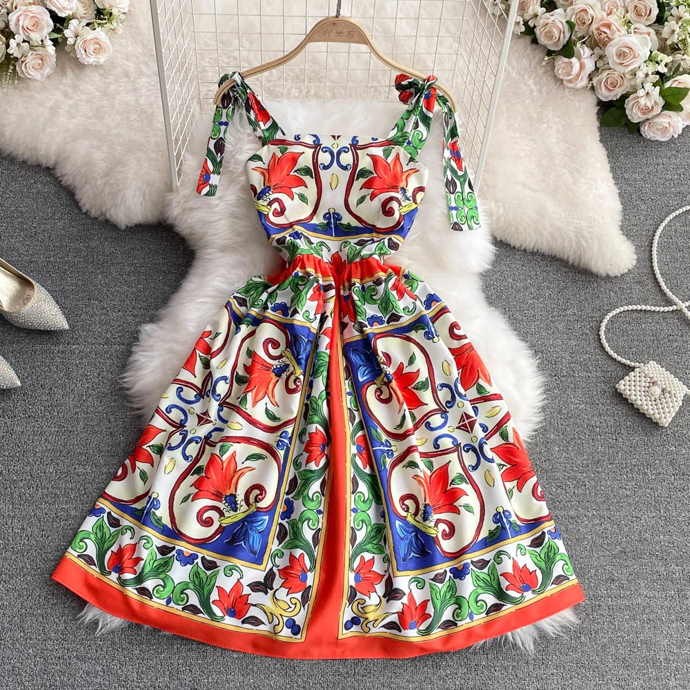 

Fashion 2022 Summer Spaghettic Straps Sundress Blue And White Porcelain Floral Print A Line Pleated Mini Dress Women Bow Knot