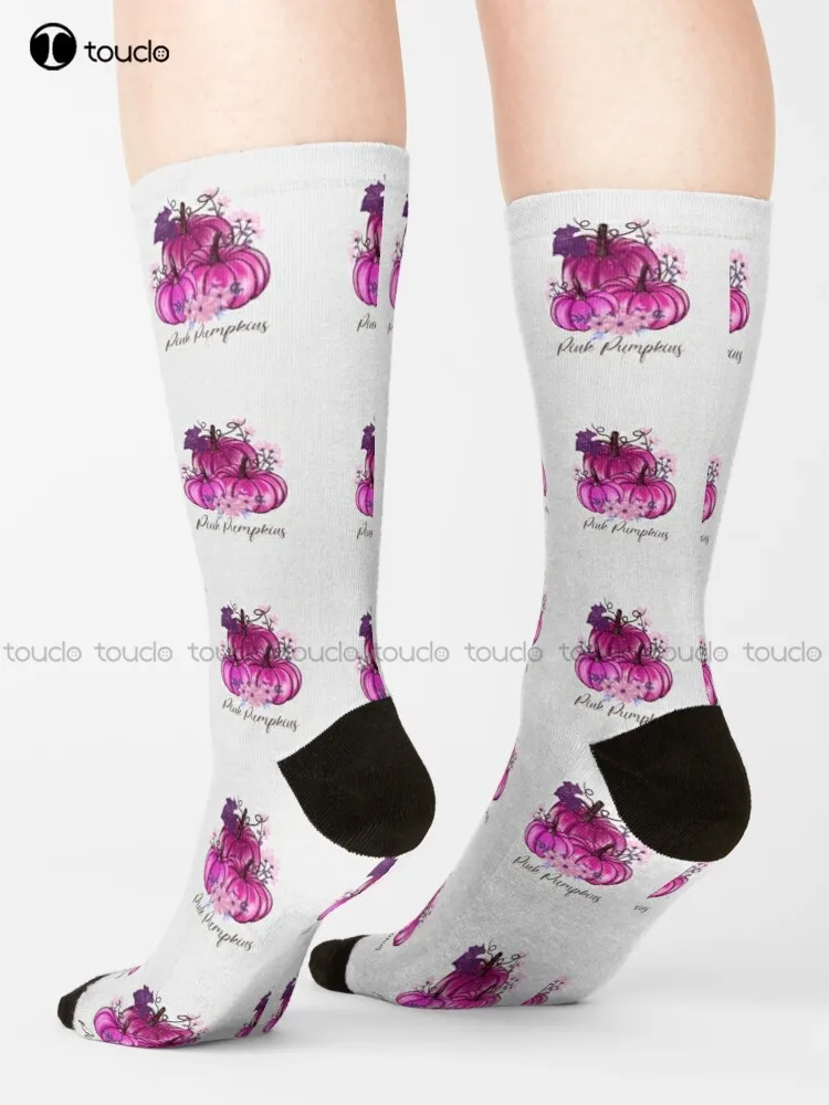 

In October We Wear Pink Pumpkin Plaid Socks Black Baseball Socks Personalized Custom Unisex Adult Teen Youth Socks Harajuku Gift