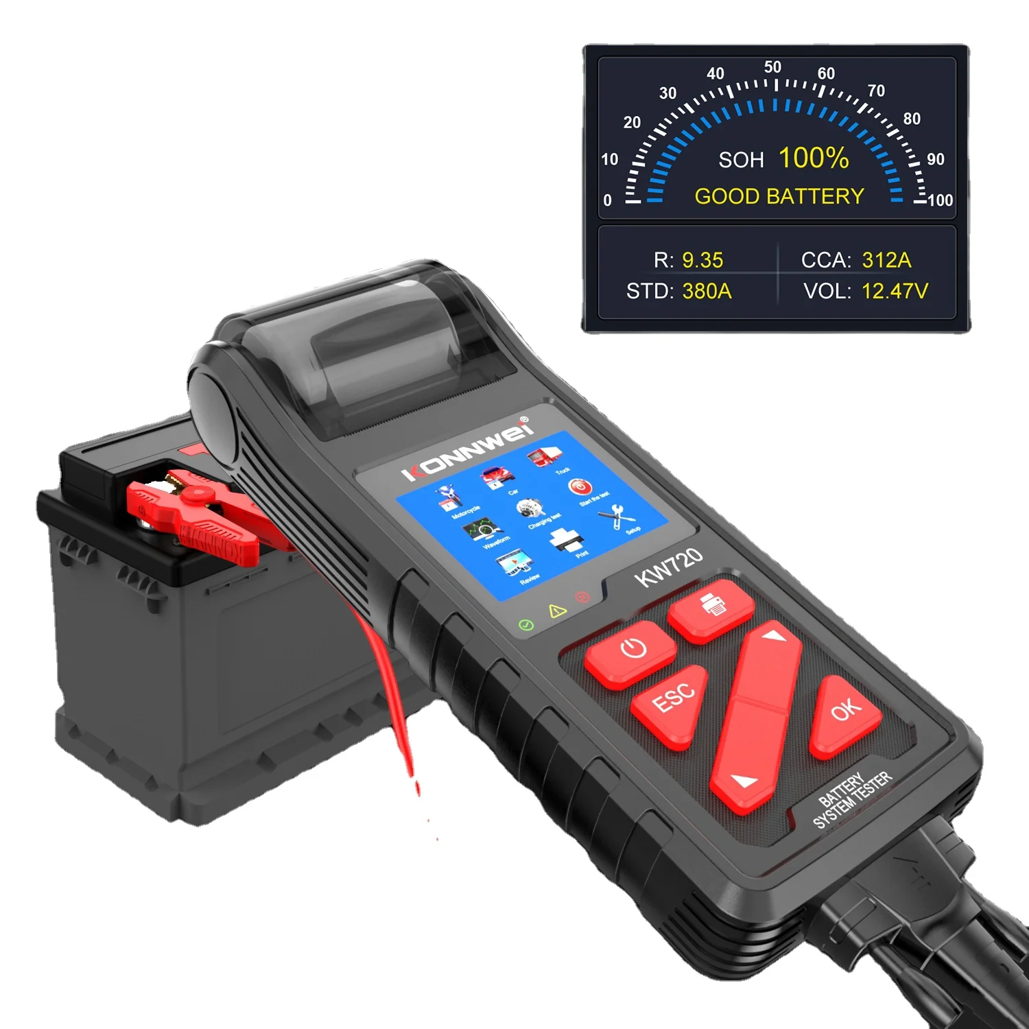 

Цифровой автомобильный тестер аккумуляторной батареи KONNWEI KW720, 12 В, 24 В, с принтером для автомобиля, грузовика, фабрики аккумуляторов или дил...