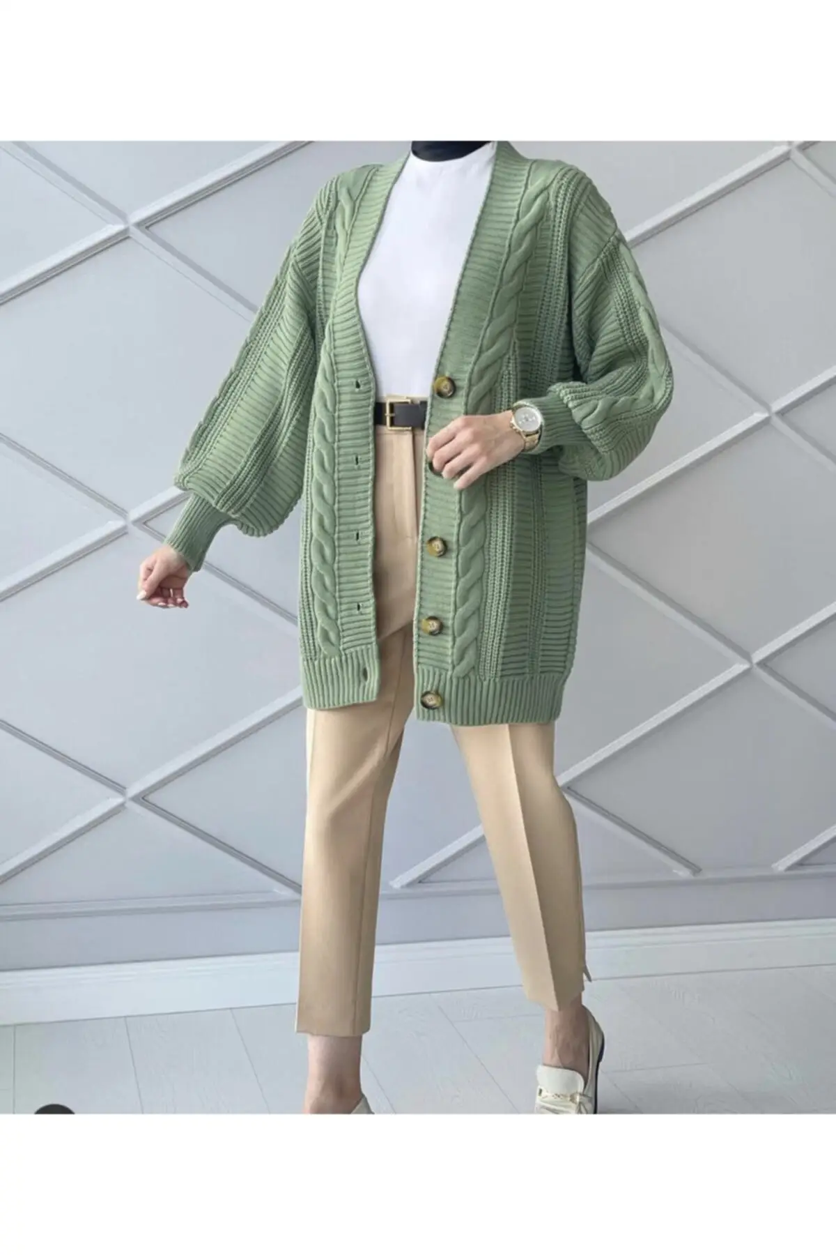 Women Mint Yeşili Kışlık Knitwear Cardigan Solid Color Oversize Woolen Trend Long V Neck Fake Thick Button Hijab Sweater &