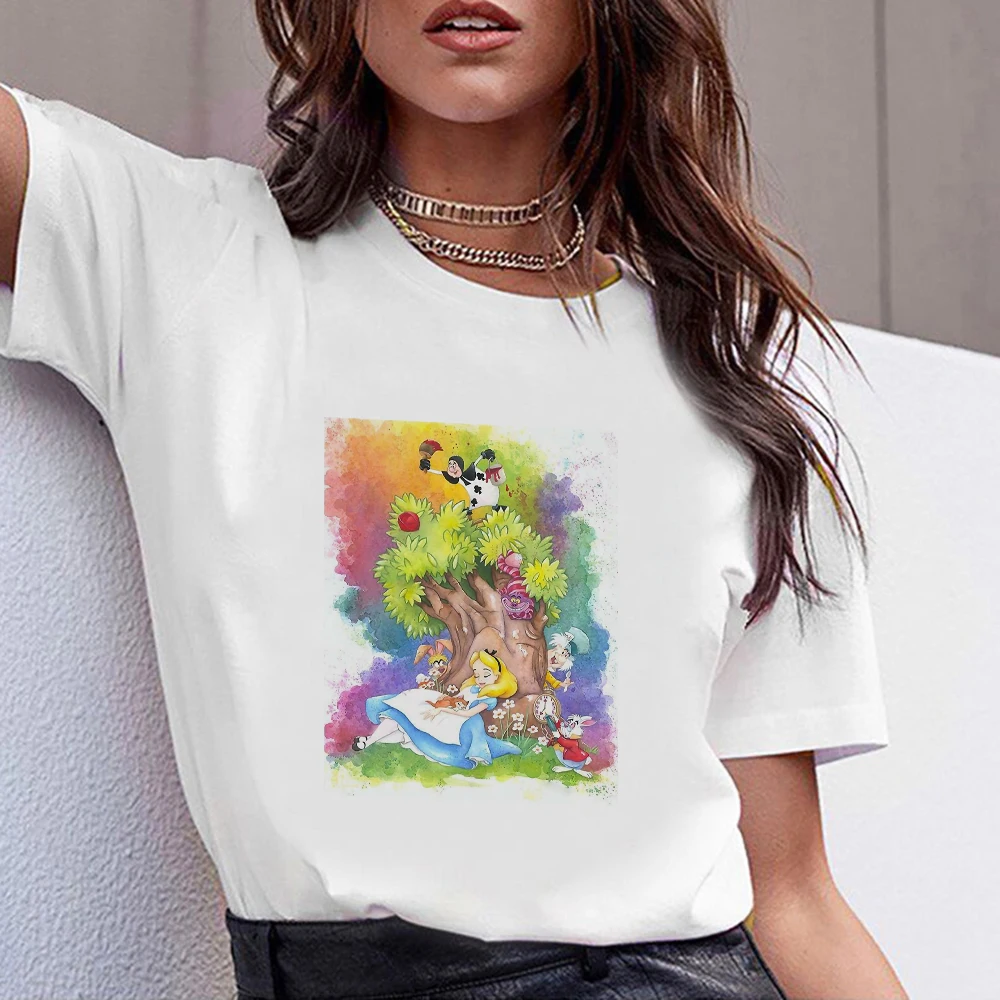 

Fashion Female T Shirt WE'RE ALL MAD HERE Letter Cheshire Cat Print T-shirt Women Harajuku Alice in Wonderland Cartoon Tshirt