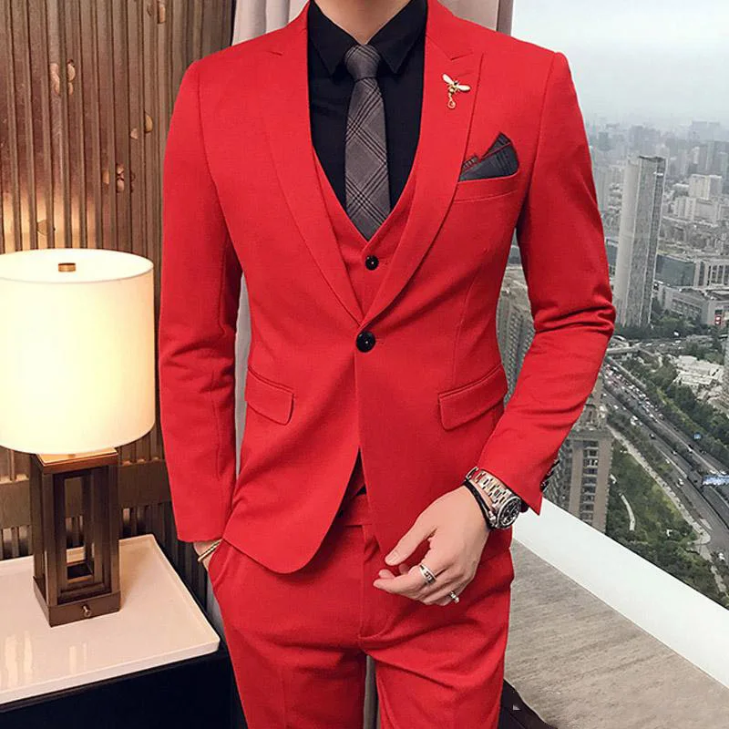 

Three Piece Red Wedding Men Suits for Evening Prom Peaked Lapel Slim Fit Custom Made Groomsmen Tuxedos (Jacket + Pants + Vest)