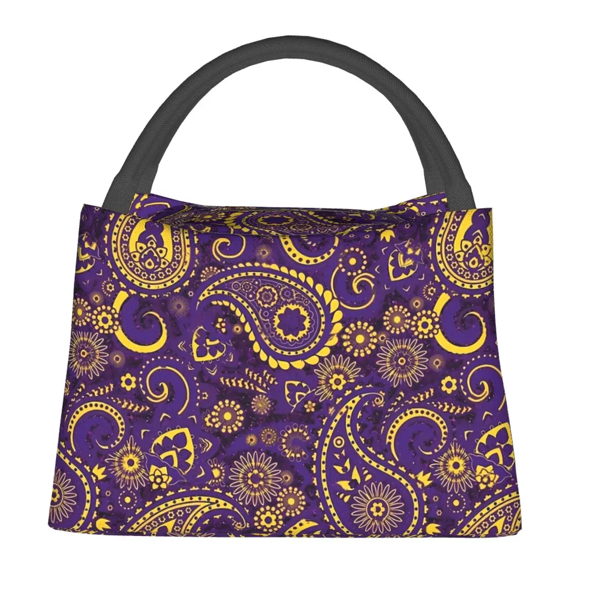 

Golden Paisley Lunch Bag Purple Vintage Lunch Box Outdoor Picnic Portable Insulated Cooler Bag Design Thermal Tote Handbags