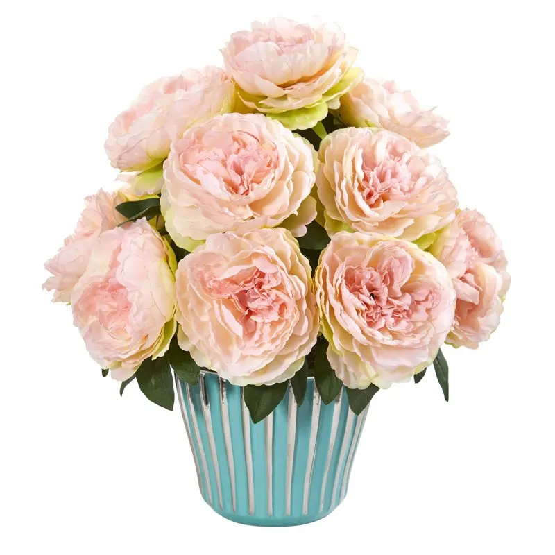 

Peony Artificial Arrangement in Turquoise Vase, Pink Wedding Party Vase Home Autumn Decoration Fake Flower