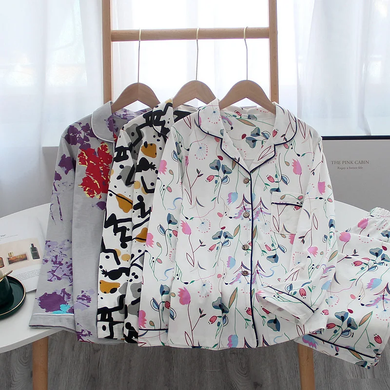 New Women Knitted Cotton Turn-Down Collar Pajama Set Comfort Loose Household Ladies 2Pcs Sleepwear Cardigan Pants