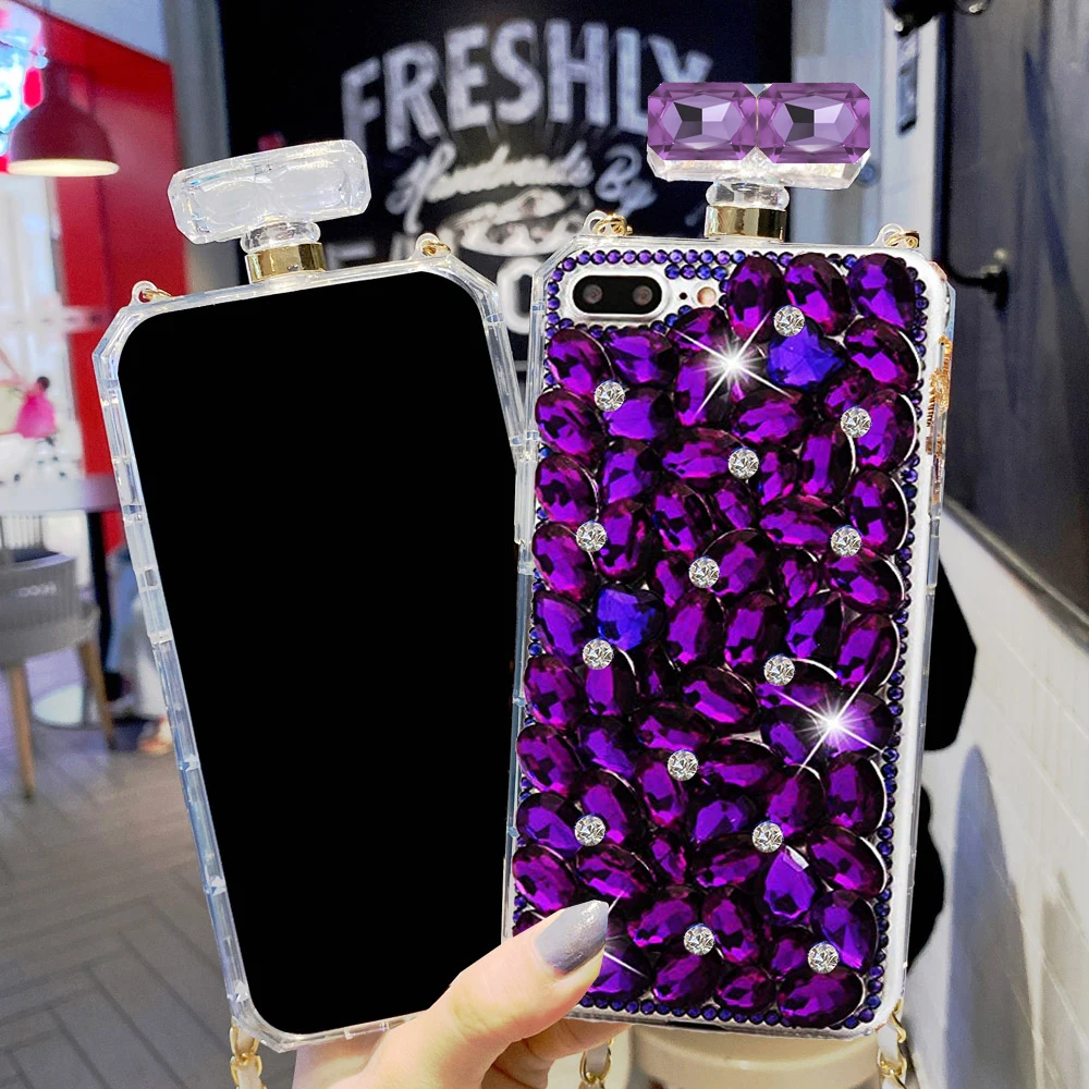 

Luxury Lanyard Strap Bling Case for iPhone 13 11 12 Pro Max XS XR X 6 6S 7 8 Plus Perfume Bottle Diamond Cover