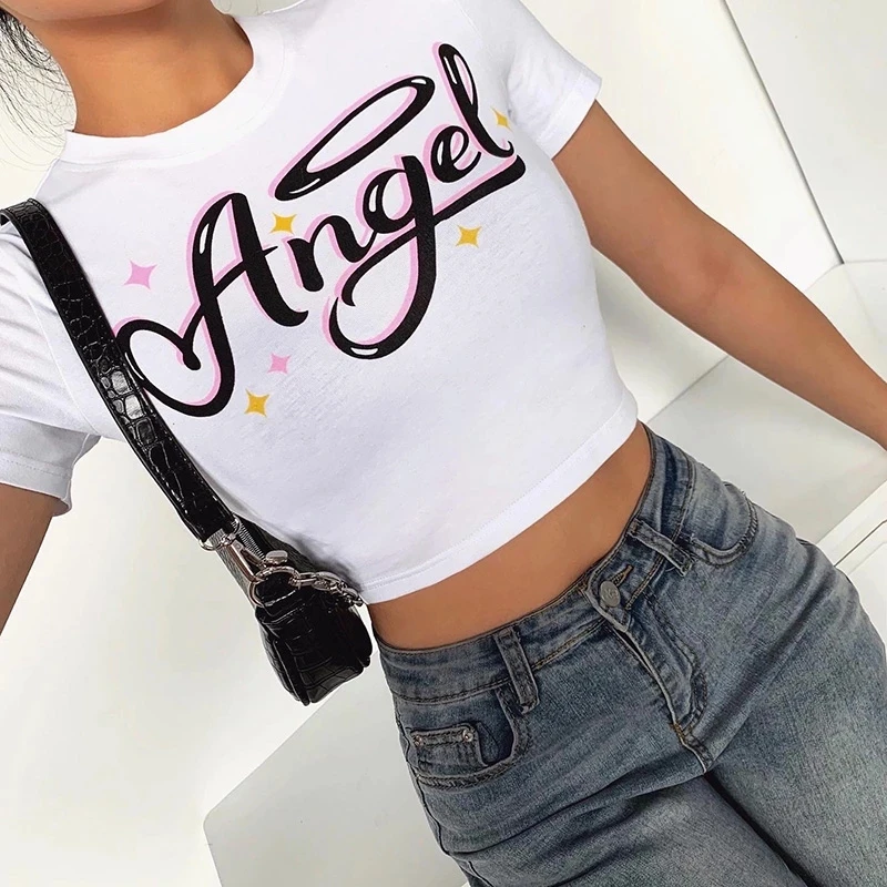 

Summer New Letter Print Navel High Waist U-Neck Short-sleeved T-shirt Women's High Street Clothing Harajuku Vintage Crop top y2k