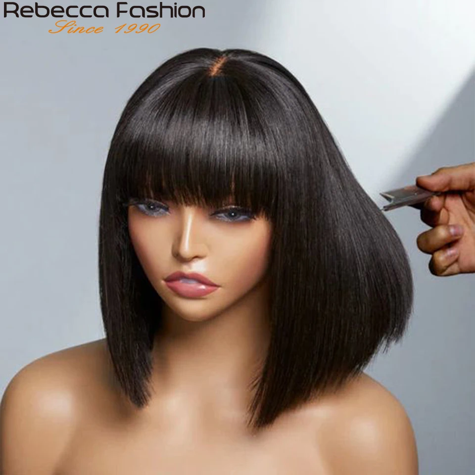 Rebecca Straight Hair Bob Wigs Brazilian Straight Human Hair Wigs With Bangs Glueless Full Machine Made Wig Long Fringe Bang Wig