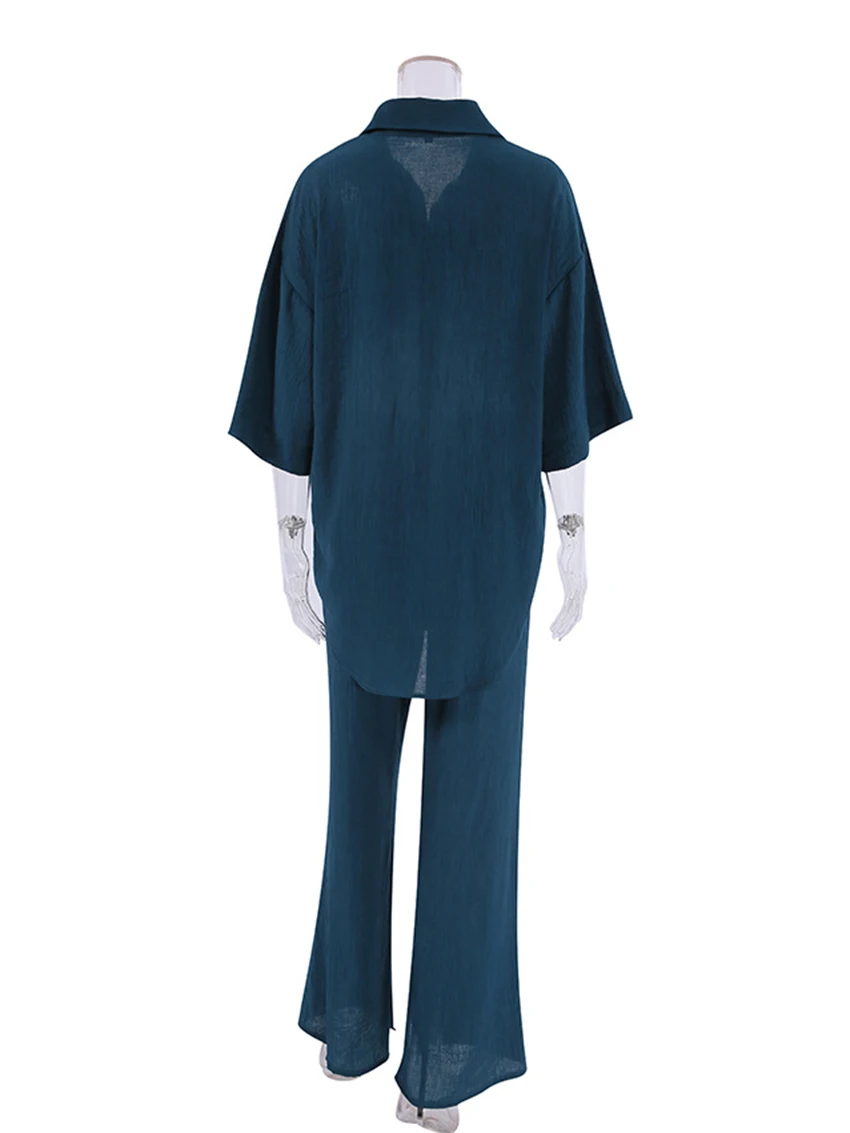 Marthaqiqi Solid Short Sleeve Women Sleepwear Turn-Down Collar Nightgowns Elastic Waistline Loose Trousers Suits 2 Piece Pajama'