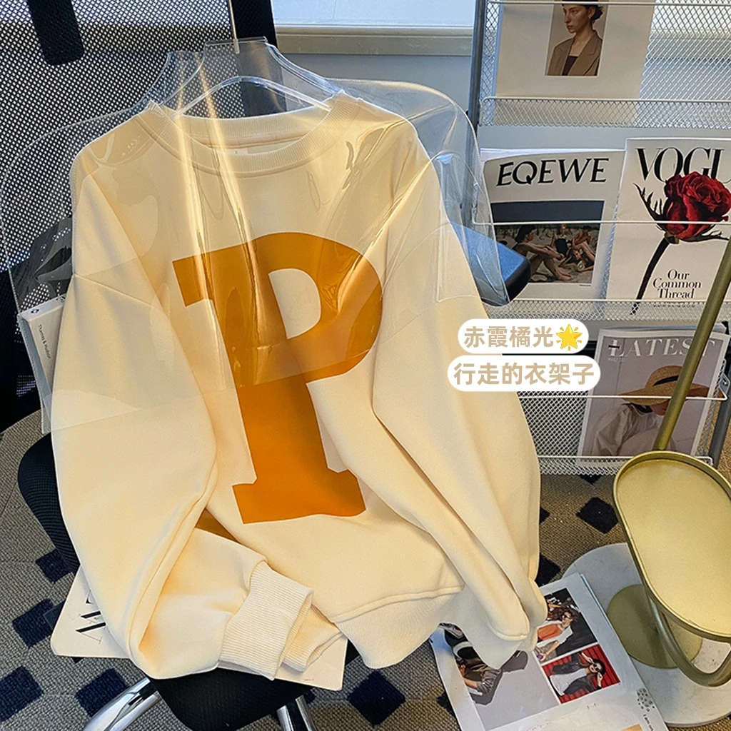 Women's Autumn and Winter Thin Sweatshirt New Round Neck Women Loose Long Sleeved Tops Letter Printed Tshirts Pullover Women