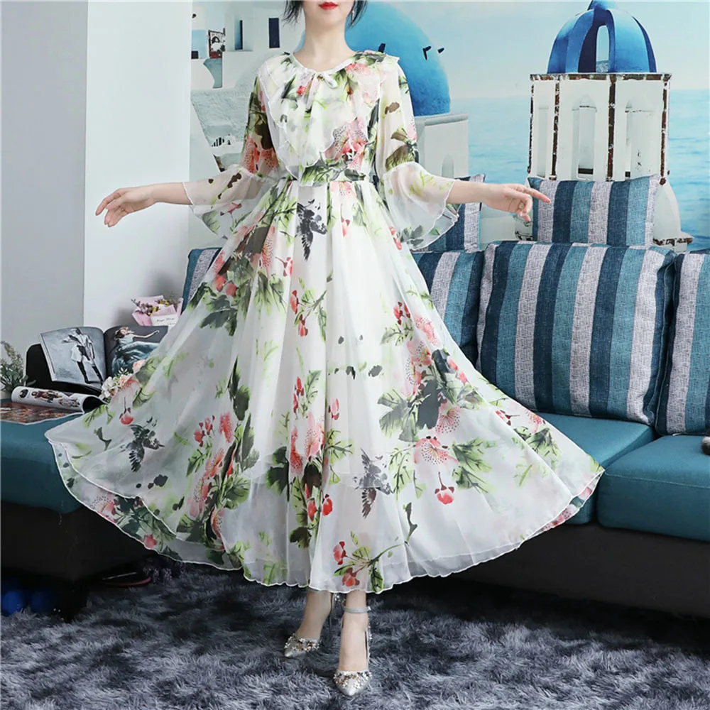 

2022 Arab Dubai Chiffon Muslim Dresses Womens Floral Print Maxi Dress Women's Sundress Vestidos African Turkey Islam Kaftan Robe