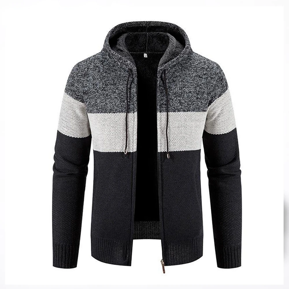 Men's Hoodied Sweater Casual Warm Fleece Thick Striped Cardigan Stand Collar Zipper Knit Coat Male Streetwear