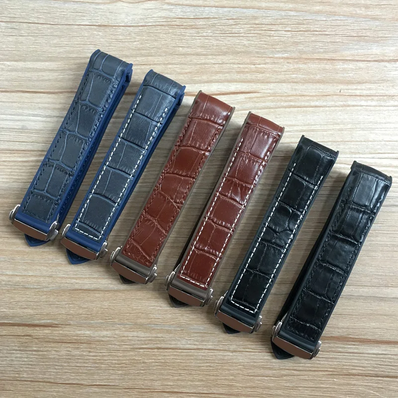 

20mm 22mm Dark Blue Black Brown Rubber With Leather Watch Band Strap For OMEGA Planet Ocean Seamaster 300 Speedmaster Bracelet