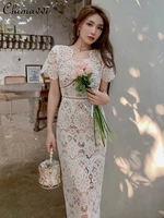 high end summer dresses 2022 new french fashion design exquisite v neck embroidered dress slim temperament long womens dress