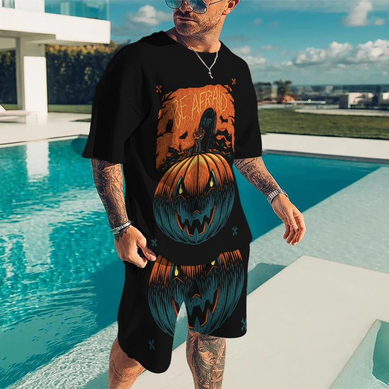 New Summer Halloween Sets Pumpkin Head Men Sports Jogging T Shirt Tracksuit Party Suit 3D Printed Breathable Popular Clothes