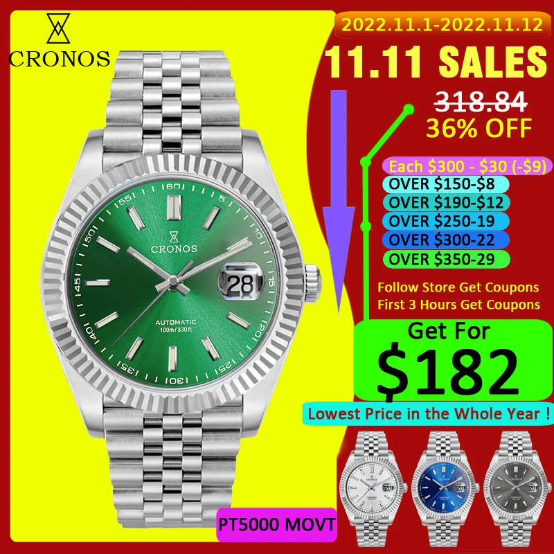 

Cronos Date Luxury Men Dress Watch Stainless Steel 5 Links Bracelet Copper-Nickel Platinum PVD Bezel 100m Water Resistant