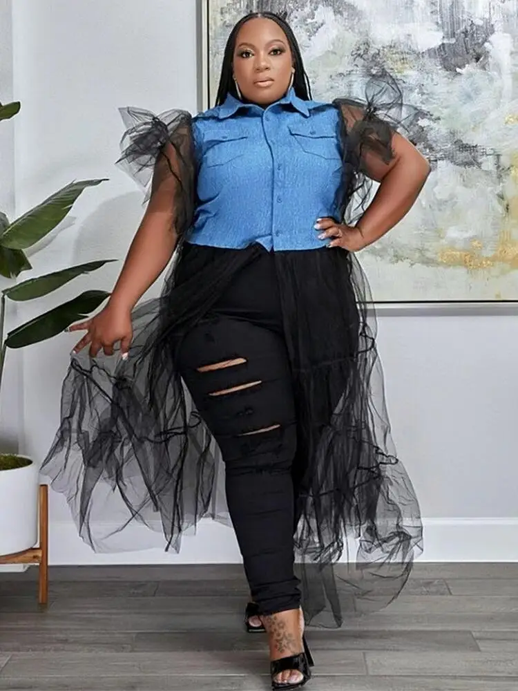 Summer Women Plus Size Clothing Large Size Dress Denim Patchwork Mesh Long Dress Short Sleeve Dress Shirt Wholesale Dropshipping