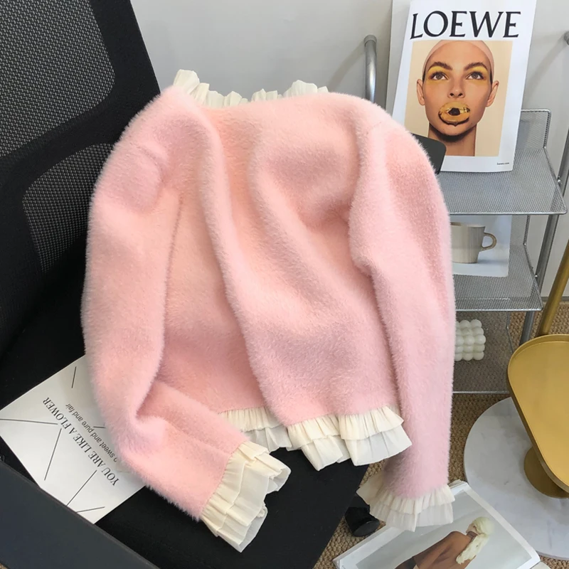 Новое поступление весны и осени 202 короткий вязаный кардиган с оборками женский