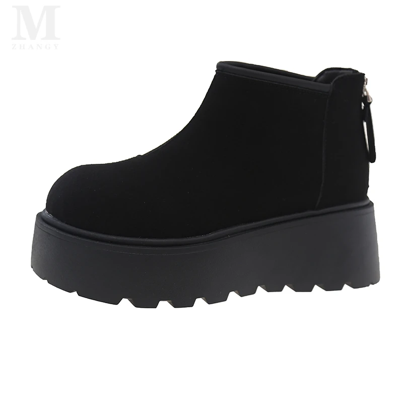 Женские ботинки на плоской подошве платформе ботильоны зимняя замша теплая