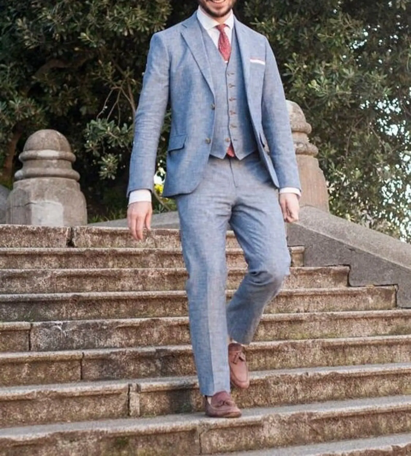 Slim Fit Formal Men Suits Wedding Tuxedos For Bridegroom Gray Linen Notch Lapel Three Pieces Jacket+Pants+Vest Costume Homme