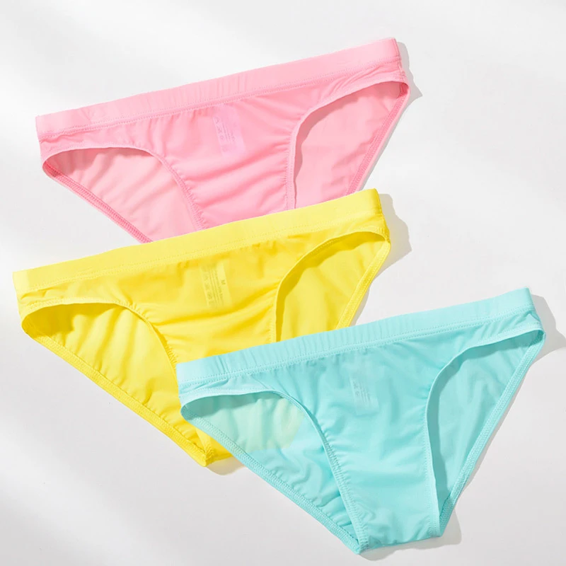 Men Underwear Ice Silk Solid Color Briefs Sexy Transparent Silky Quick Dry U Bulge Pouch Panties Low Waist Male Underpants Cueca