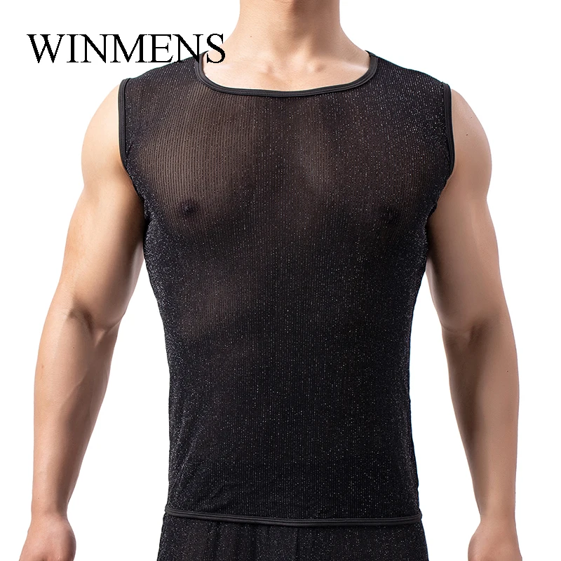 Men's Transparent Tank Tops Gold Dots Mesh Sleeveless Undershirts Gay Fitness O-neck See Inner Vest Sheer Bodybuilding Singlets