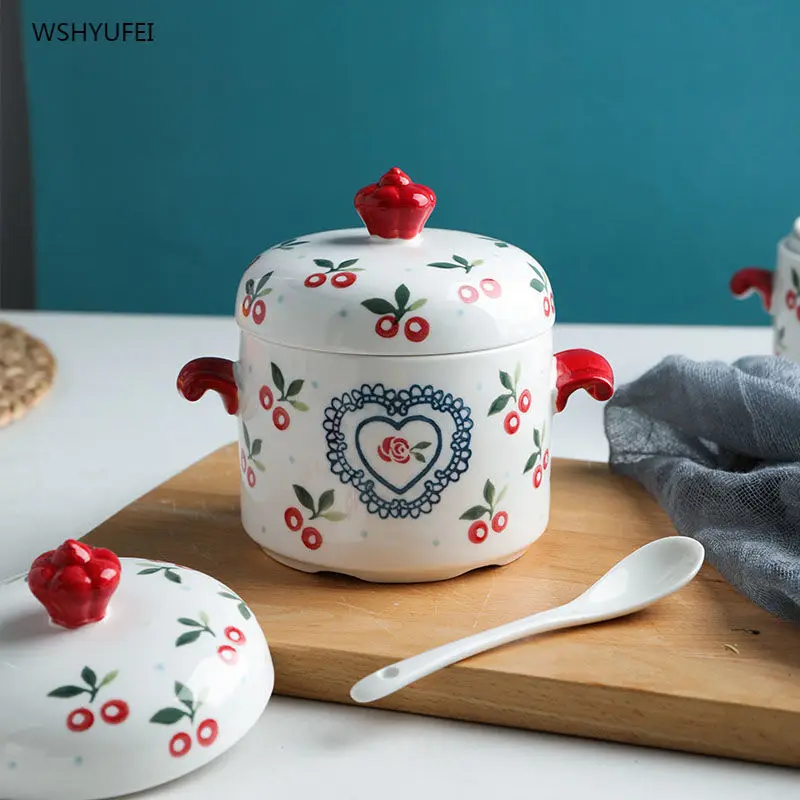 

Double Lid Stew Pot Ceramic with Lid Small Water Stewed Home Bird's Nest Soup Cup Household Products Kitchenware Tableware