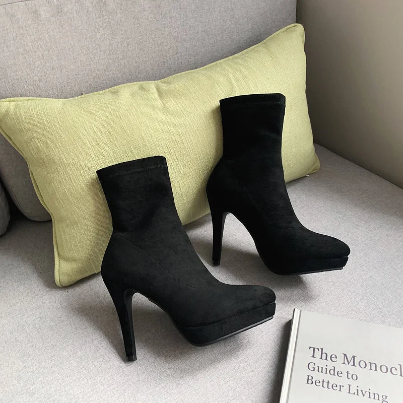 

Thin Heel Short Boots Women's Super High Heels Autumn and Winter Waterproof Platform Elastic Socks Boots Pointed Bare Boots Net