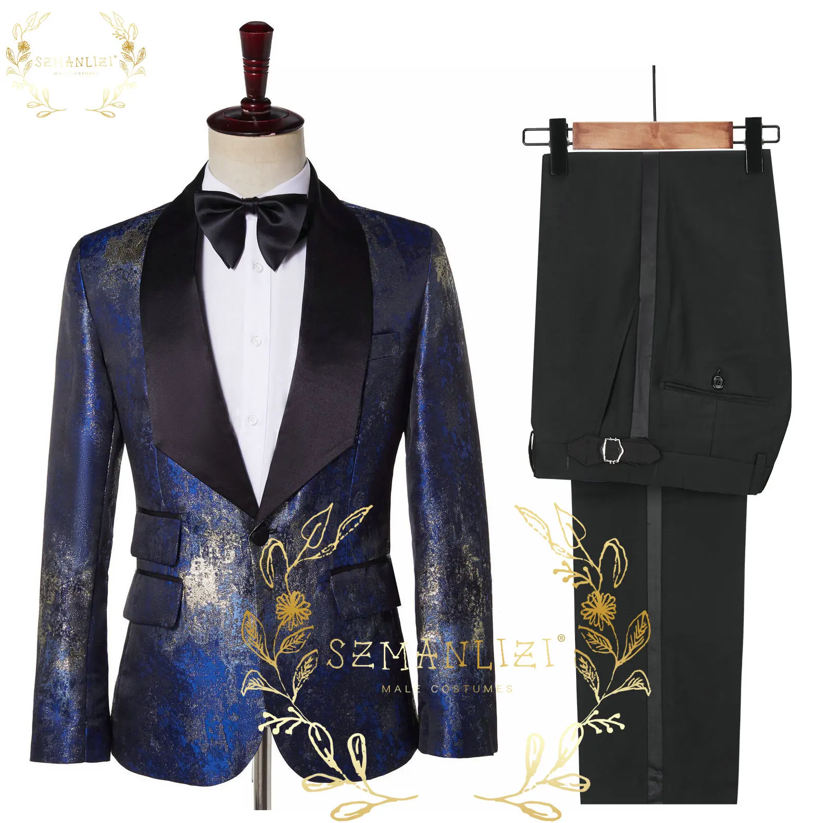 Latest Coat Pant Design 2022 Blue Black 2 Piece Floral Formal Suits For Men Prom Tailor Made Slim Fit  Groom Wedding Suit Tuxedo