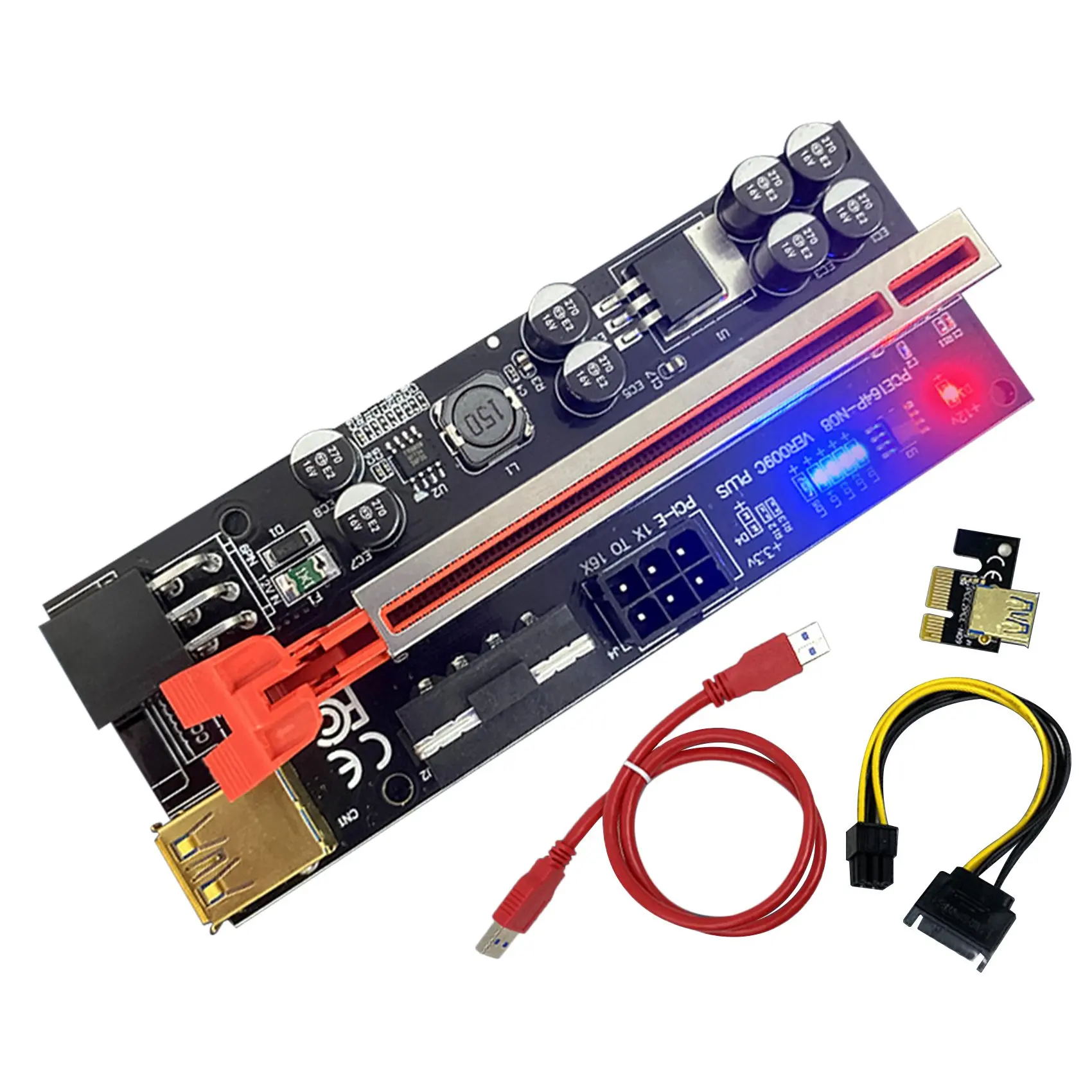 

VER009 Plus SATA Card Adapter with LED Light 8 Solid Capacitors PCIE 1X to 16X PCI-E Riser Card Extender USB 3.0 Cable