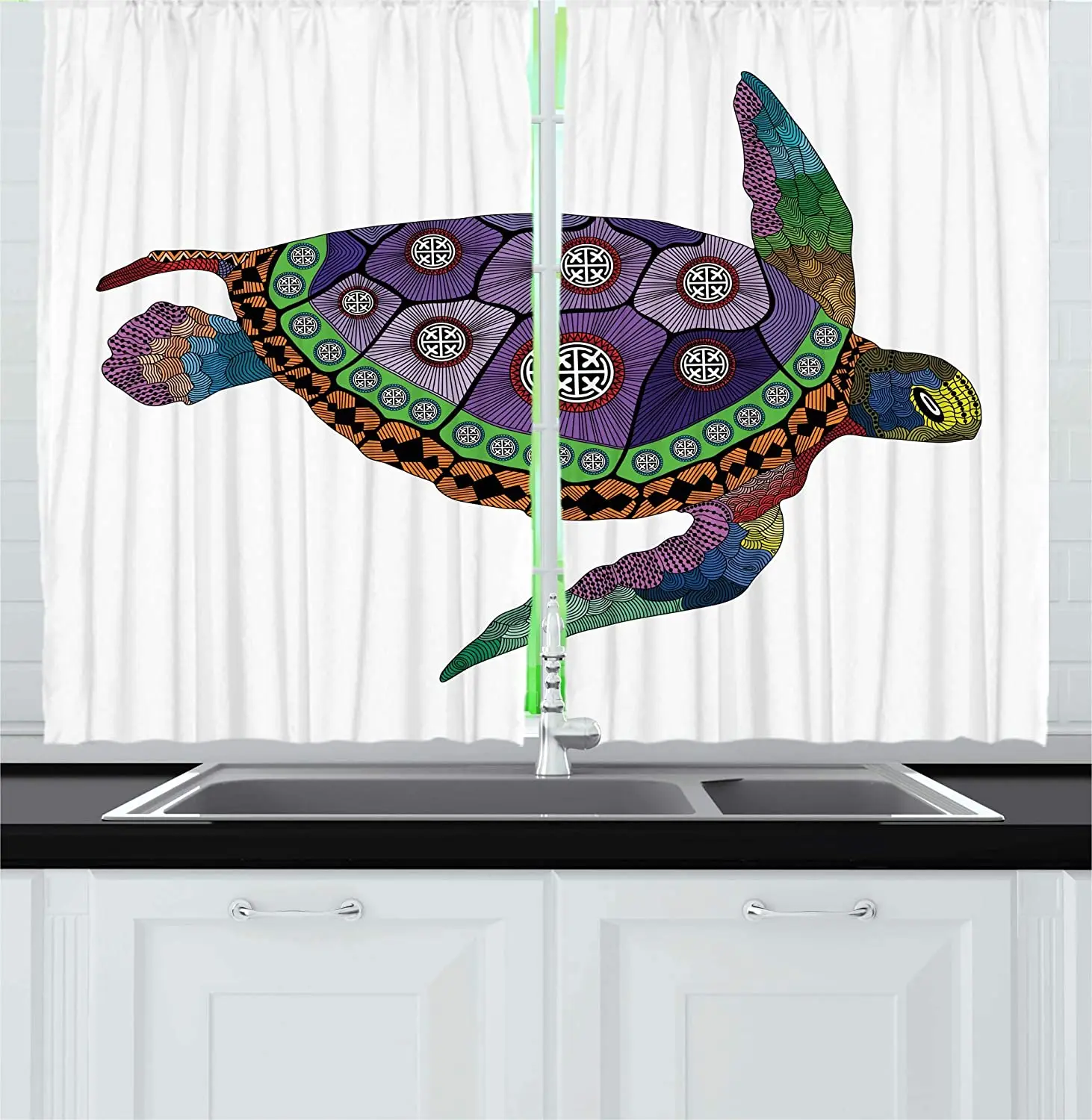 

Psychedelic Blackout Curtains Turtles and Animal Artwork on Colorful Decorative Tattoos Curtains for Kitchen Cafes