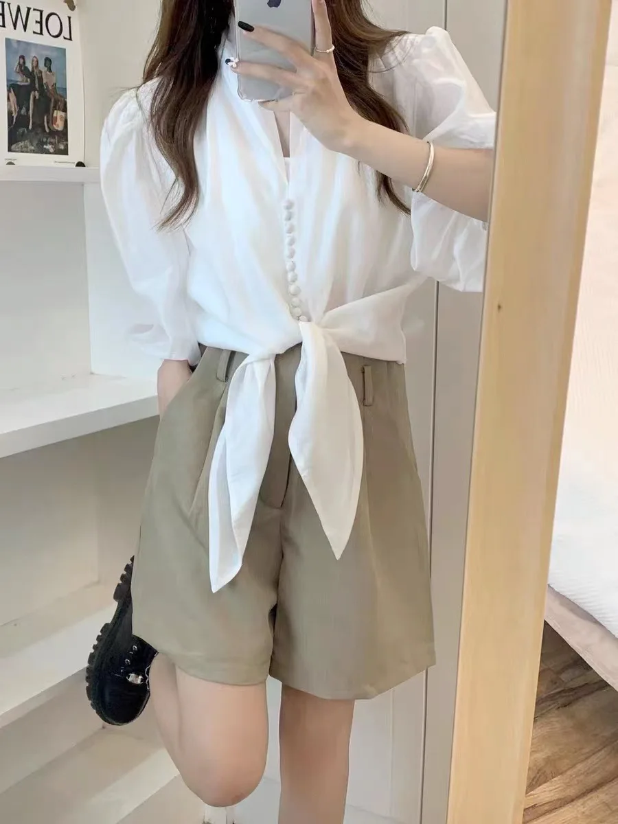 

Женская Элегантная блузка на завязках, Новинка лета 2022, Французская женская однобортная рубашка и топы с V-образным вырезом и пышными рукава...