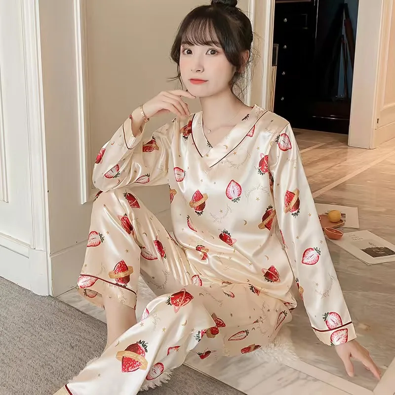 Ice Silk Pajamas Ladies Spring and Autumn Long-sleeved Thin Sweet Silk Home Clothes Two-piece Suit Silk Pajamas for Women