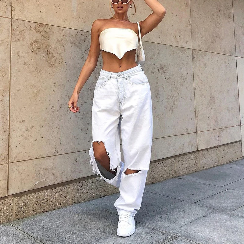 Women's Mid Waist Loose Destroyed Classic Hole Baggy Jeans Boyfriend Fashion White Women's Vintage Wide Leg Pants Jeans Trousers