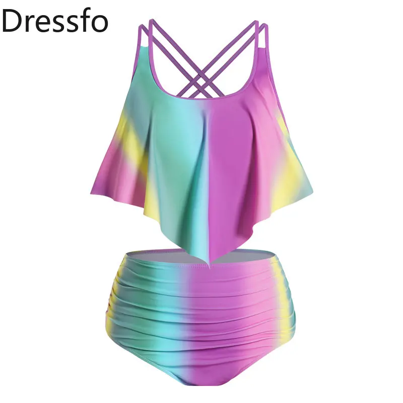 

Plus Size Tankini Swimsuit Rainbow Color Print Ombre Flounce Bikini Set Padded Tummy Control Bathing Suit Swimwear 2023 Women