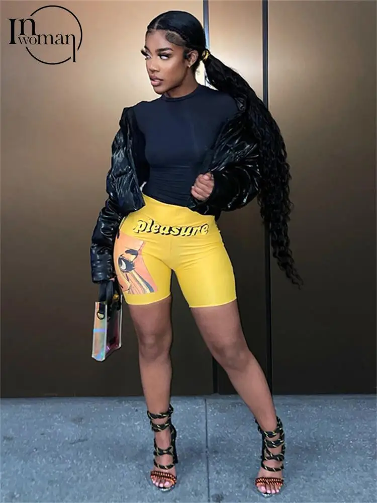 

Inwoman Summer Fashion Graphic Shorts Women Bodycon High Waist Print Yellow Shorts Female Streetwear Club Shorts Female 2022
