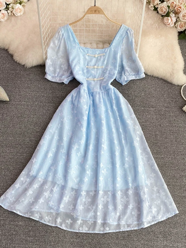 

Aibeautyer New Vintage Summer Floral Print Slim Short Lady Dress A Line Square Collar Chiffon Pullover Mid-Calf Women Dresses