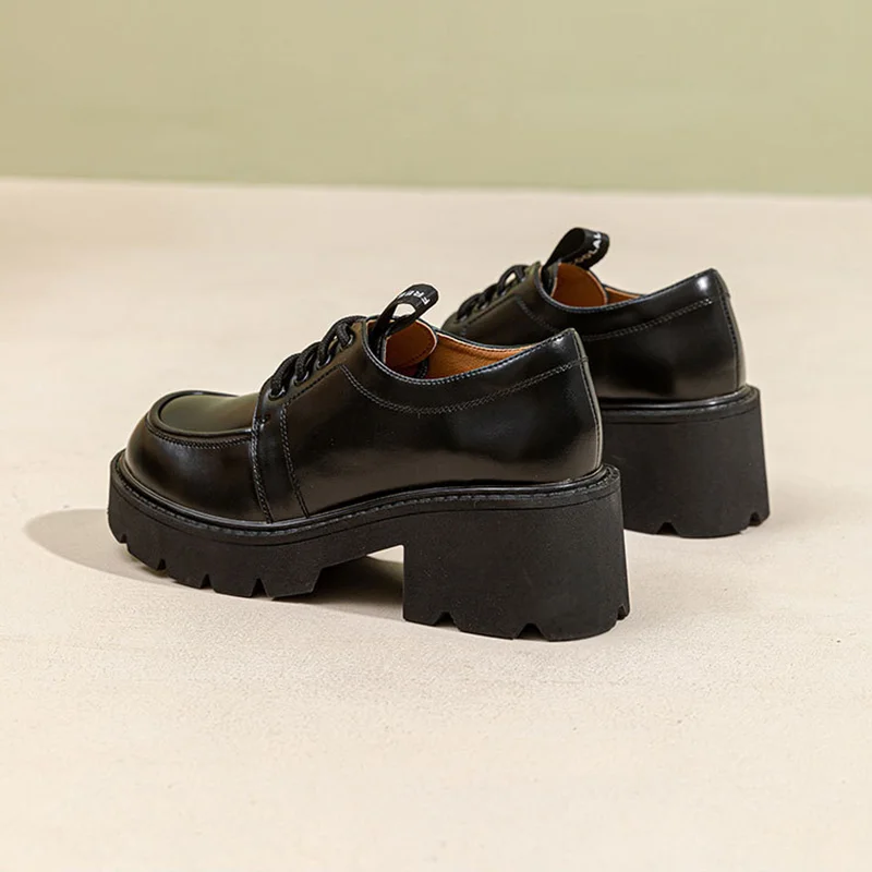 2023 New Women's Oxford Shoes Lace Up Loafers Retro Style Split Leather Material Chunky Platform Round Toe Handmade Shoes