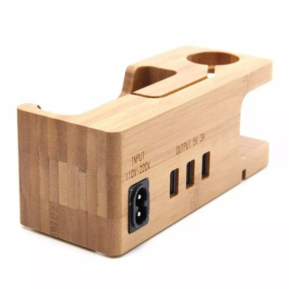 

Home Office DC 5V Mount Bamboo Wood USB Accessories Phone Stand Universal Charging Dock 2 In 1 Station Desktop For Apple
