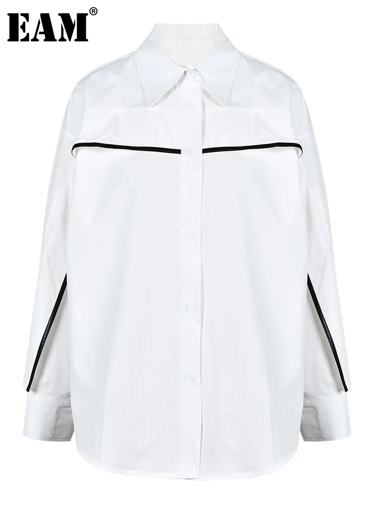 

[EAM] Women White Color-block Big Size Casual Blouse New Lapel Long Sleeve Loose Fit Shirt Fashion Spring Autumn 2023 1DH1484