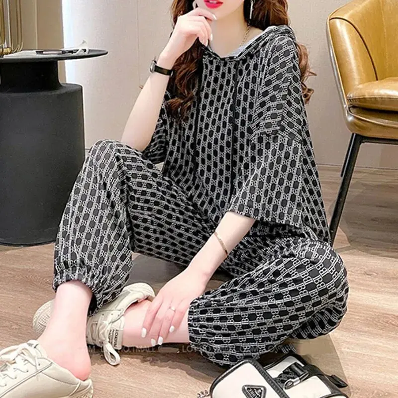 Спортивный костюм с капюшоном Женская клетчатая футболка повседневные брюки